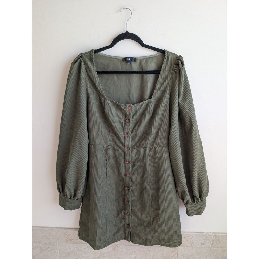Lulus L Olive Green Corduroy Mini Dress Square Neck Puff Sleeve Button Front
